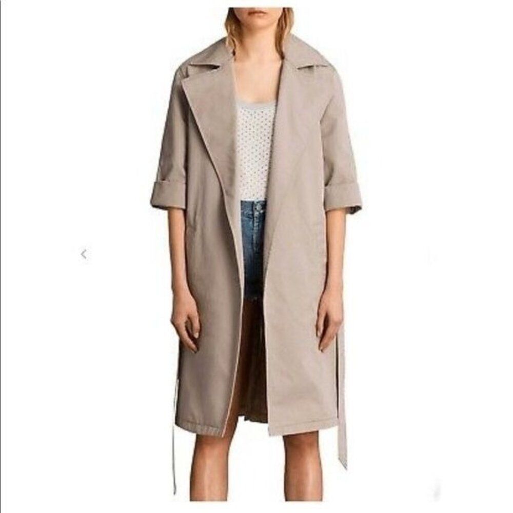 All Saints Beige Luna Stitch Twill Mac Trench Coat Small